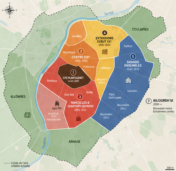 Carte chronologique des quartiers du Mans
